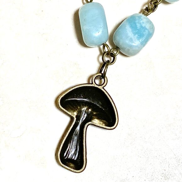 Natural Light Teal Amazonite Necklace, Bronze Slim Mushroom + Genuine Gemstone - Picture 5 of 12